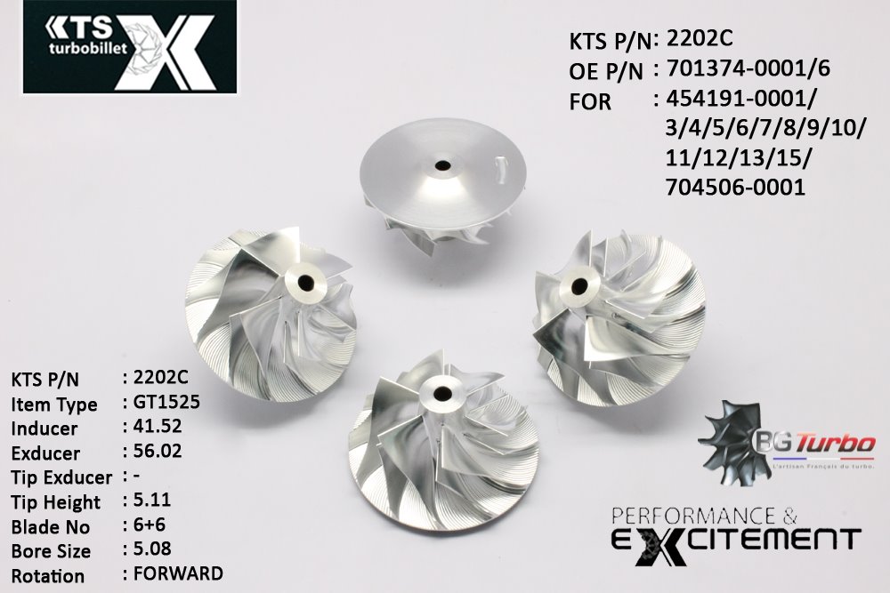 Turbo ROUE FORGÉE MFS PERFORMANCE - 6+6 PALES - INDUCER : 41,52 - EXDUCER : 56,02 - TYPE : GT15-25ANGLE : 60° - ROTATION : Forward - SUPER BACK : 2,39 - BORE SIZE : 5,08

